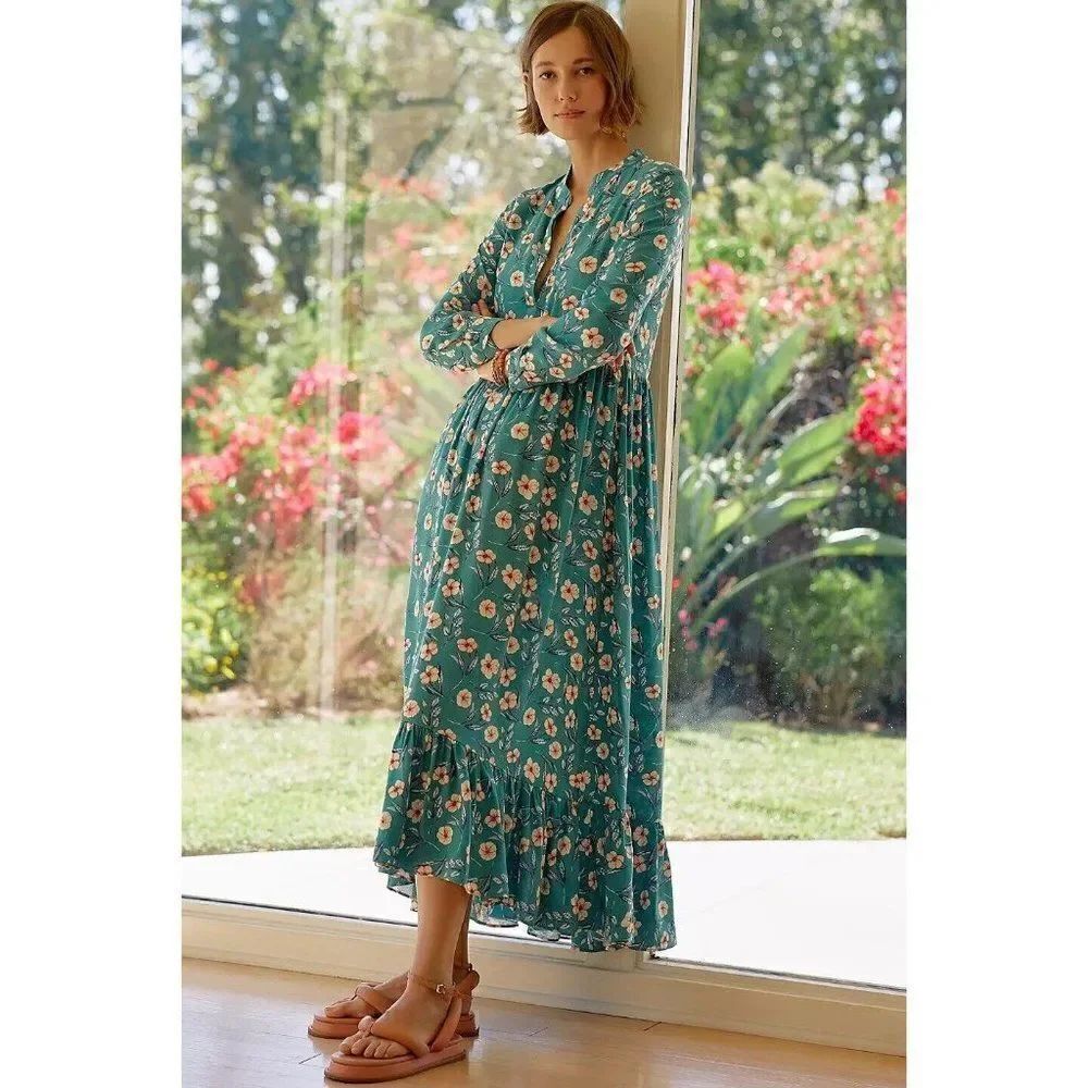 NWT ANTHROPOLOGIE X MARE MARE Sz S LYNDA MAXI DRESS FLORAL PRINTED GREEN